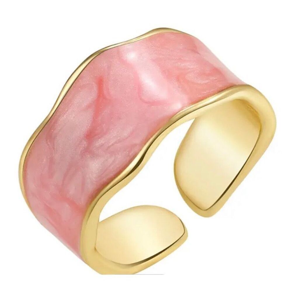 NWT Y2K Pink Drip Glaze Wavy Gold Rimmed Adjustable Ring